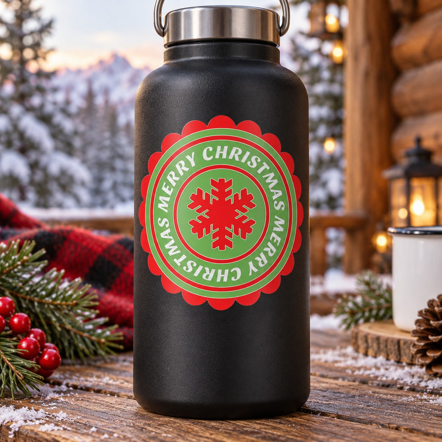 Black insulated water bottle with Merry Christmas snowflake sticker