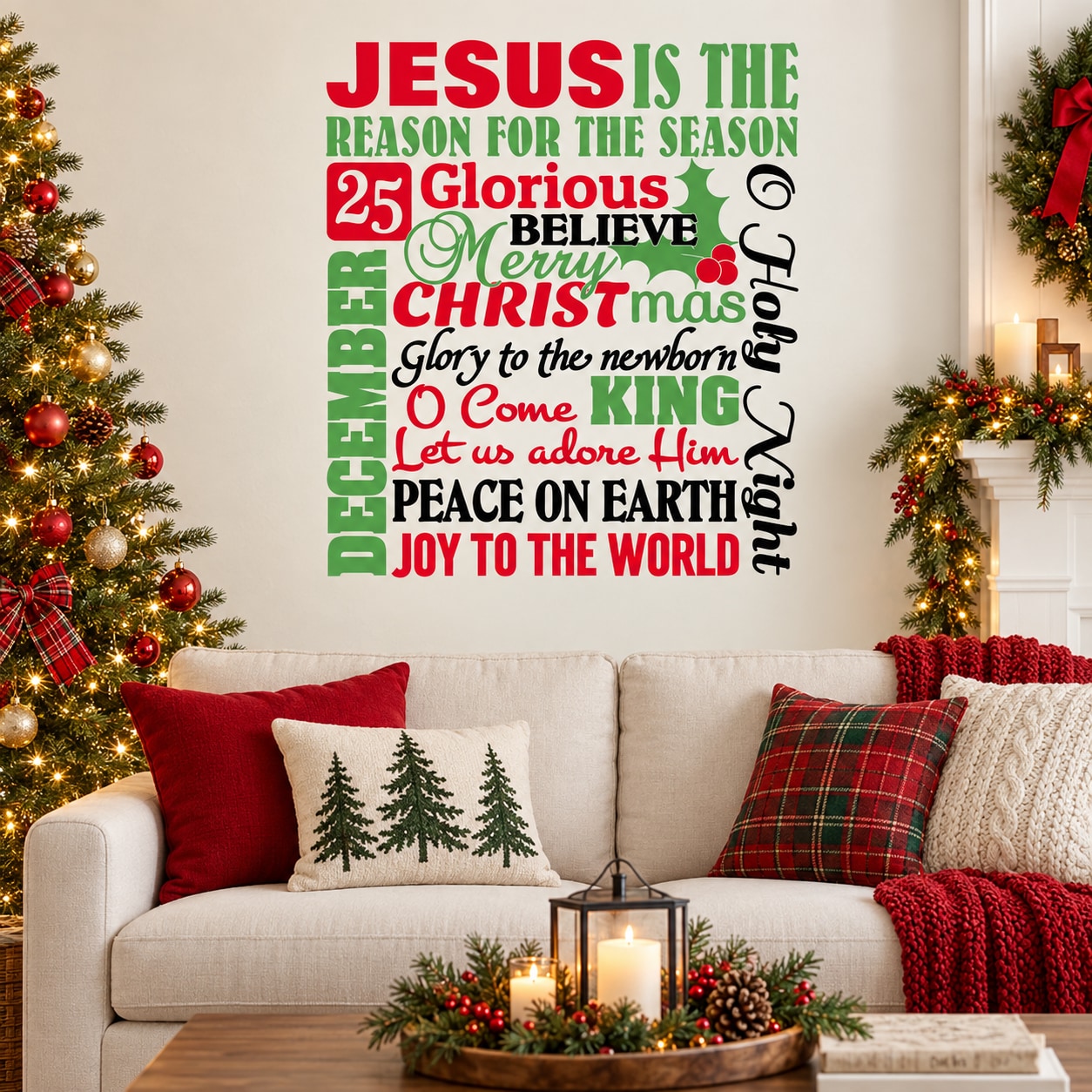 Multicolor Christmas wall decal with 'Jesus is the reason for the season' typography