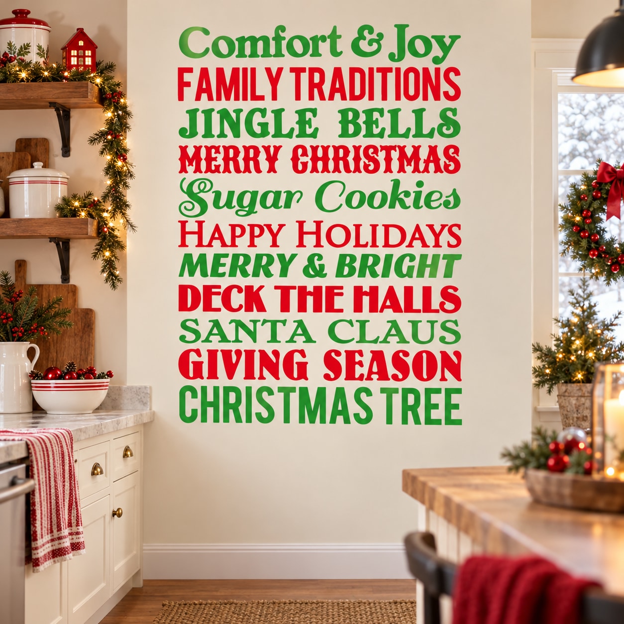 Christmas typography wall decal with festive phrases like Jingle Bells and Santa Claus