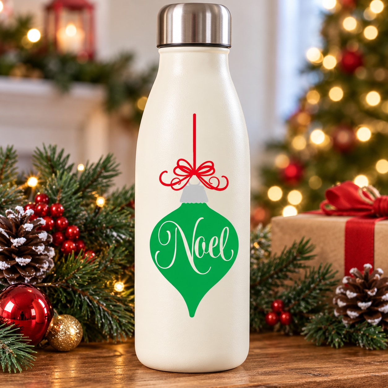 Noel ornament printed decal on white bottle, red ribbon and green ornament icon