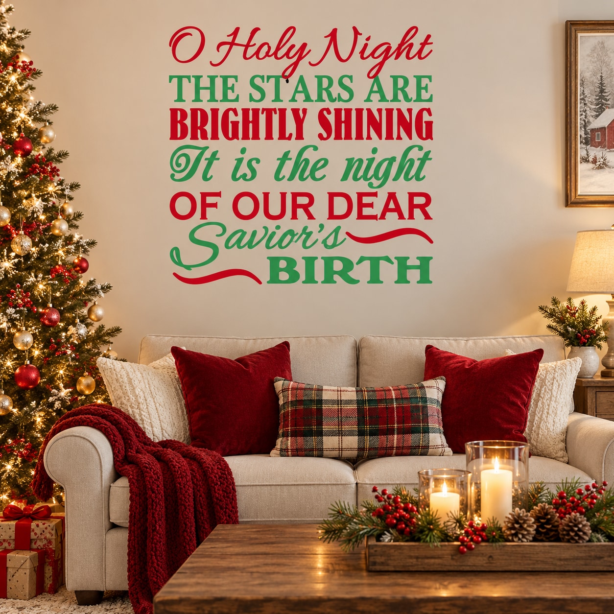 Colorful Christmas typography wall decal with O Holy Night quote