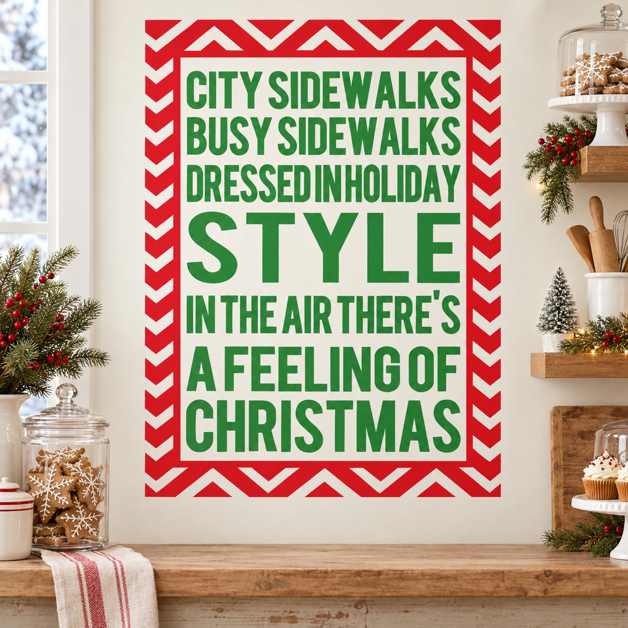 Christmas quote printed decal in red and green with holiday wording in chevron border