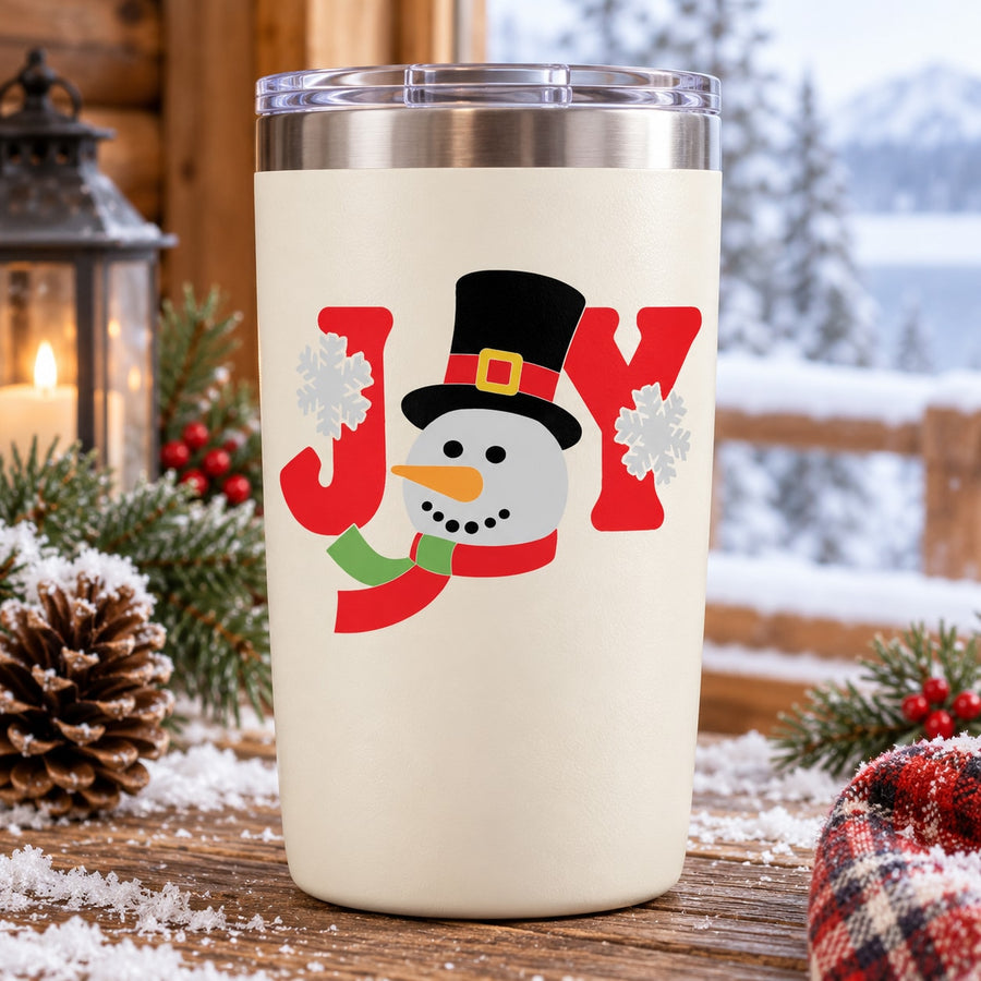White tumbler with snowman and red holiday lettering decal