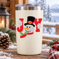White tumbler with snowman and red holiday lettering decal