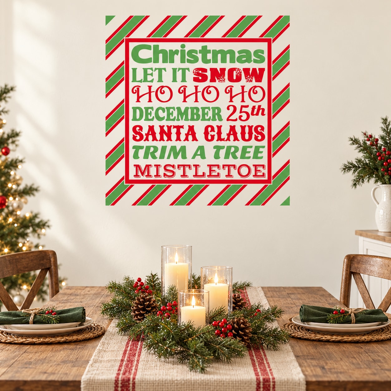 Square Christmas typography printed decal with red border, green striped frame, message text