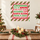 Square Christmas typography printed decal with red border, green striped frame, message text