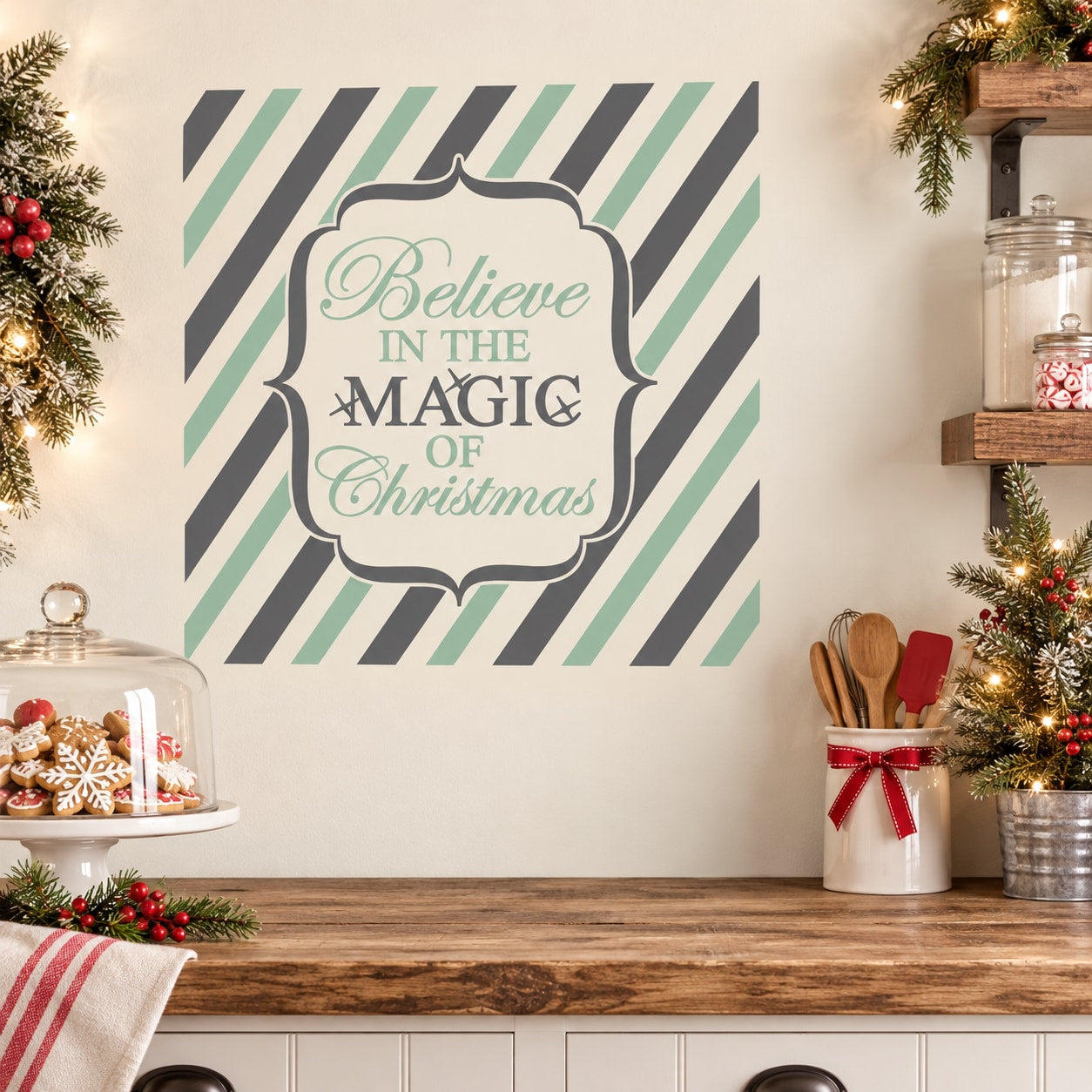 Christmas wall decal with striped border and "Believe in the Magic of Christmas" text