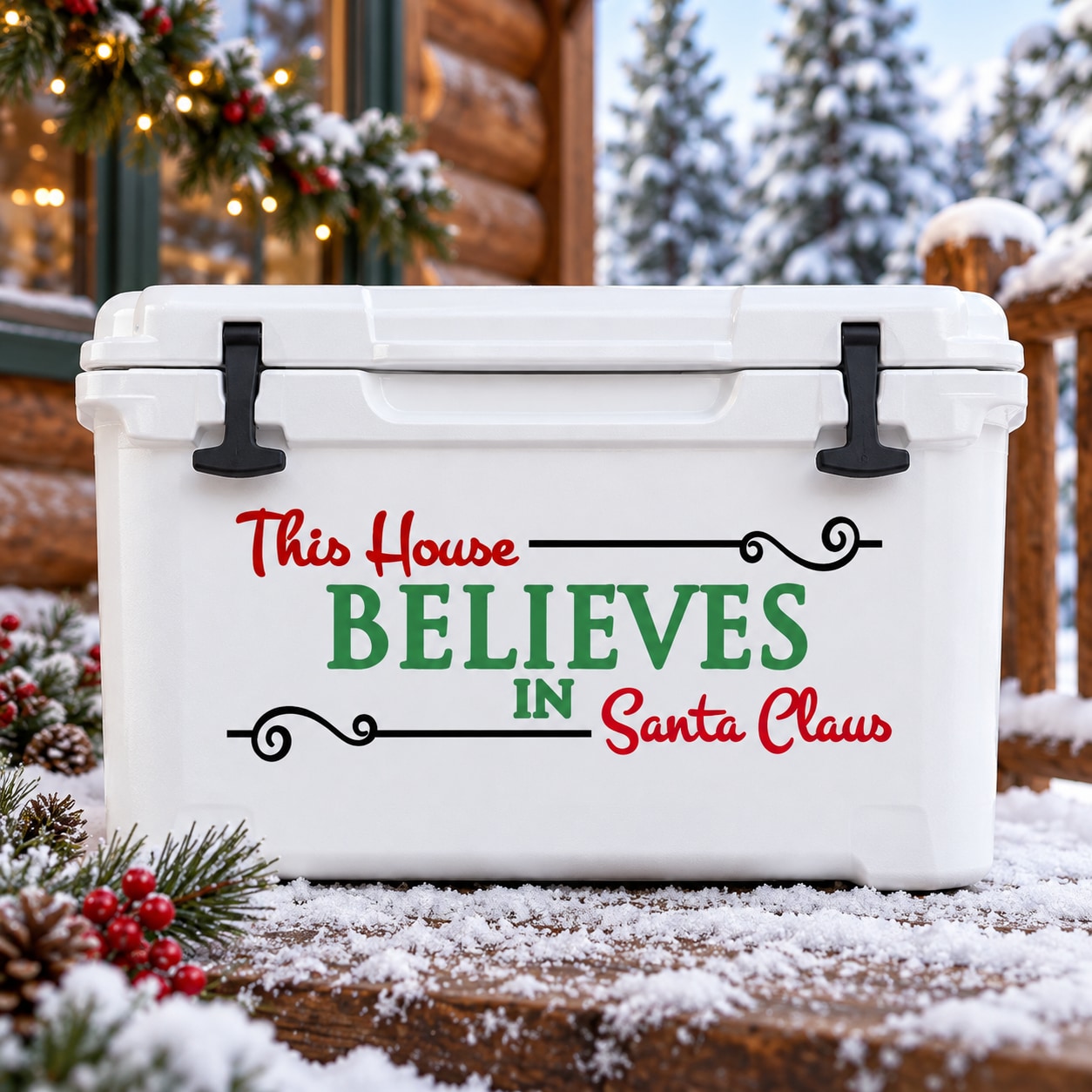 Christmas decal text: 'This House BELIEVES in Santa Claus'.