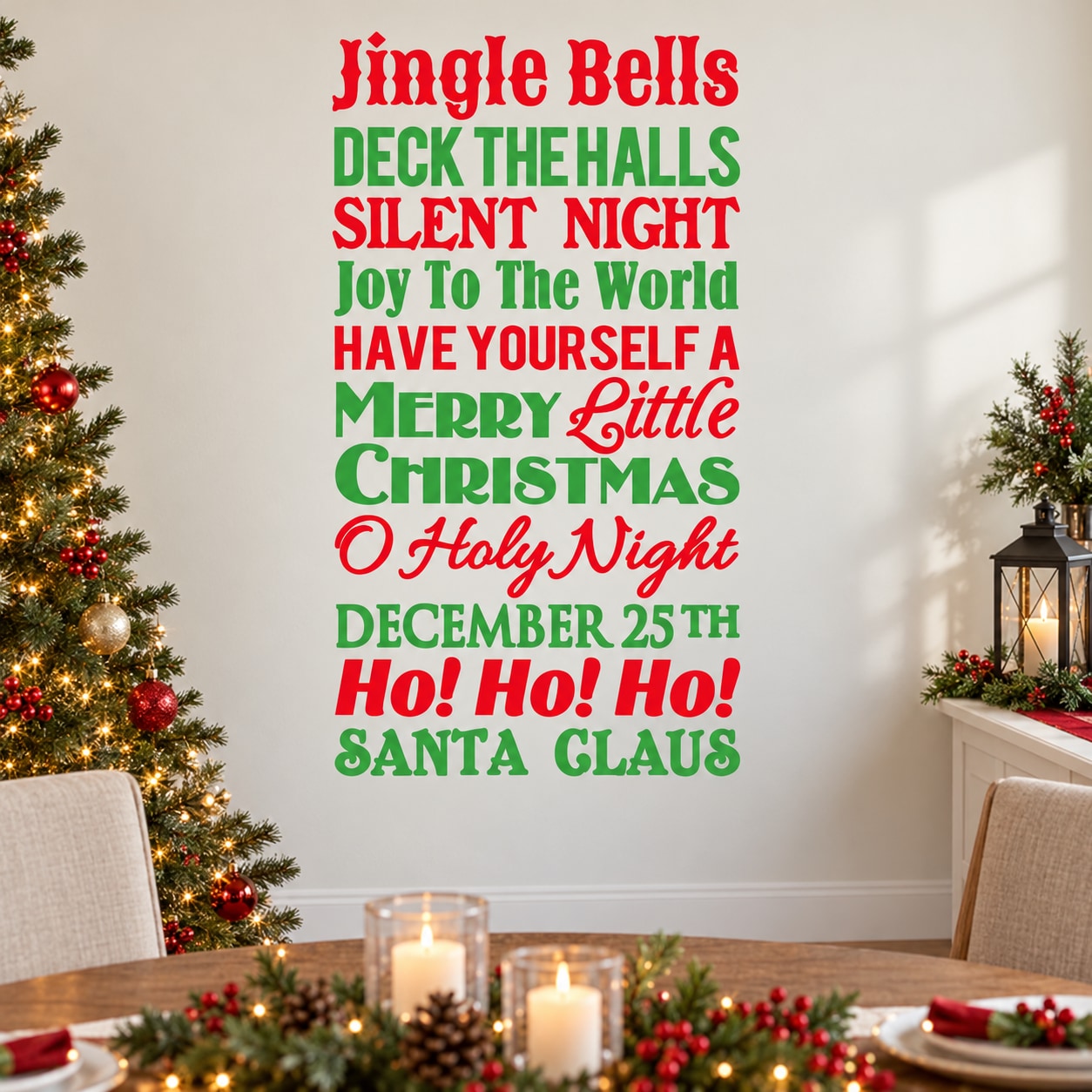 Multicolor Christmas typography wall decal with phrases like “Jingle Bells” and “Deck the Halls”