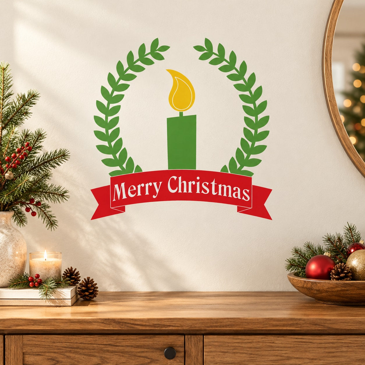 Christmas wreath wall decal with green laurel, yellow candle, and red "Merry Christmas" ribbon