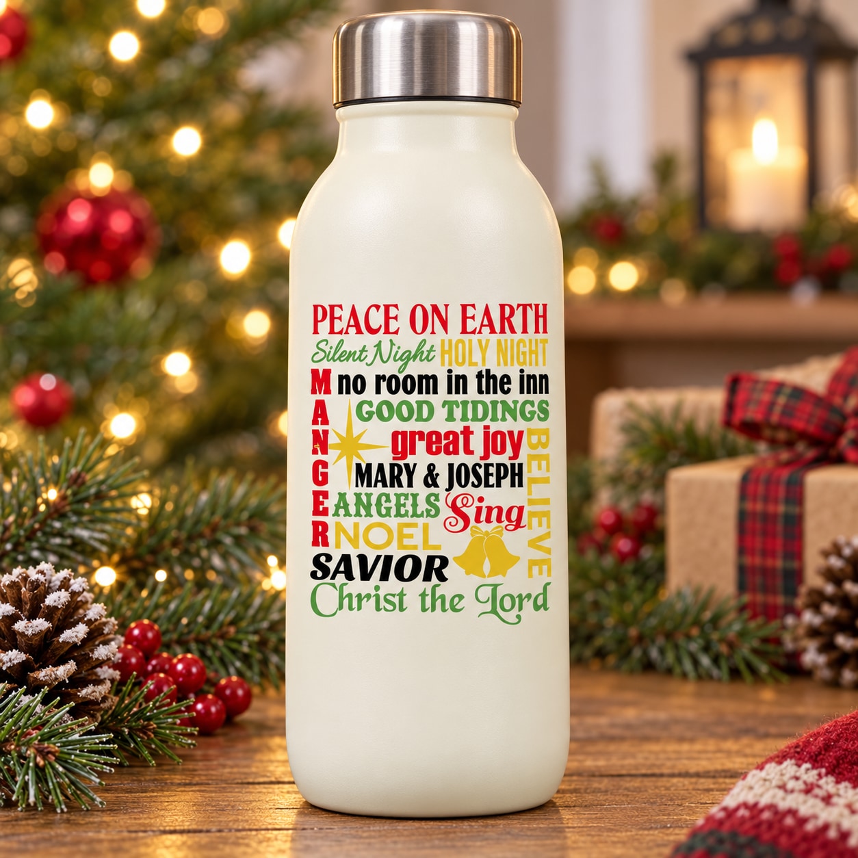 White bottle with colorful Peace on Earth Christmas typography decal