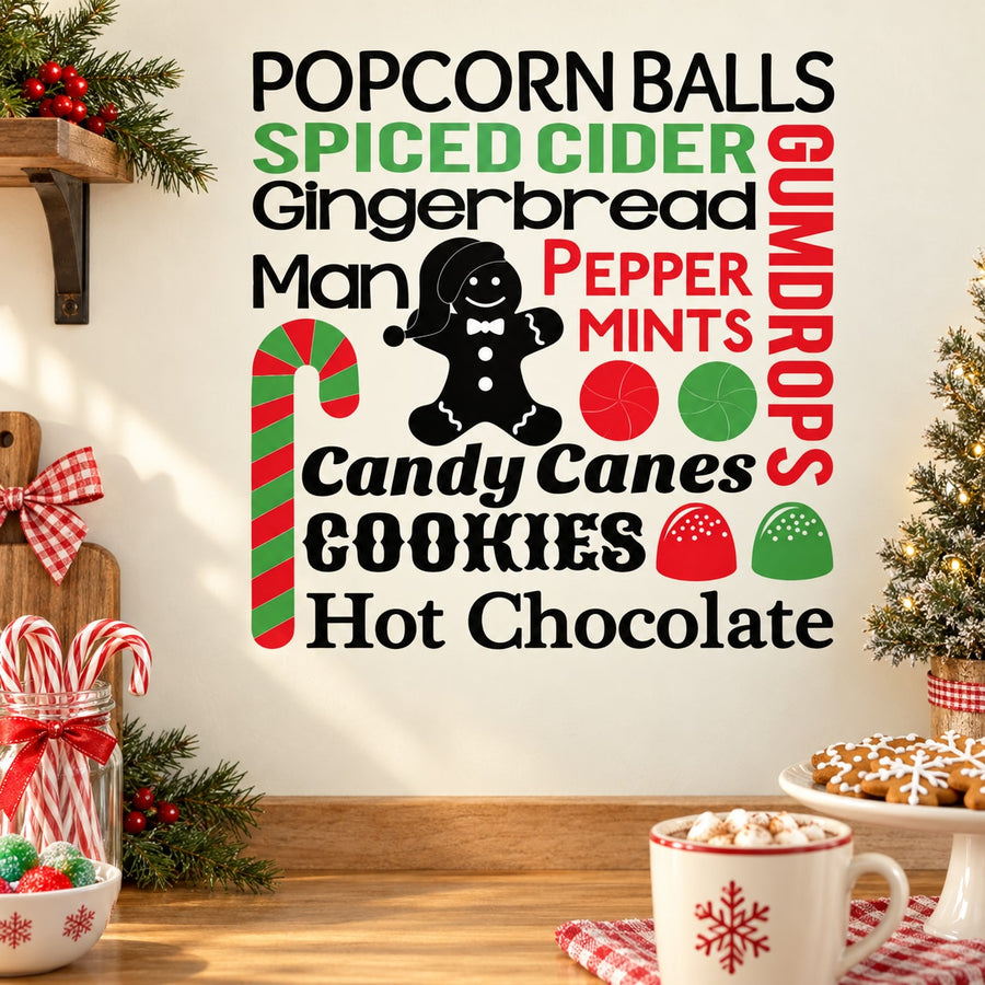 Holiday typography printed decal with gingerbread, popcorn, candy canes, cookies and ornaments