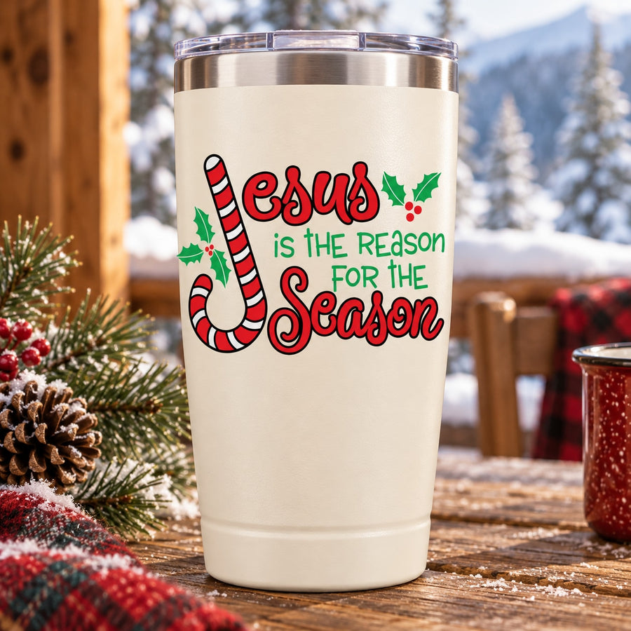Typography printed decal: red Jesus message with candy cane graphics