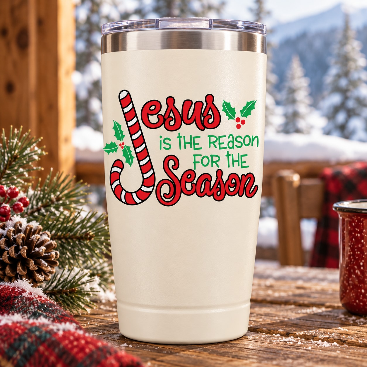 Typography printed decal: red Jesus message with candy cane graphics