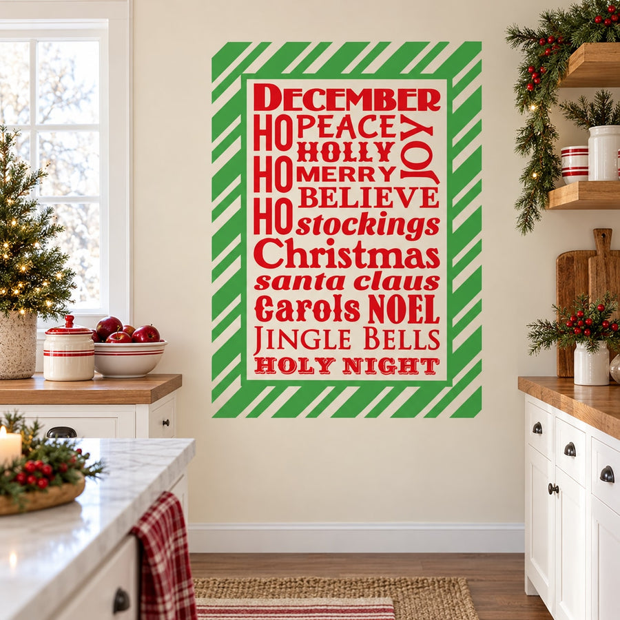 Red and green holiday typography printed wall decal with striped border.