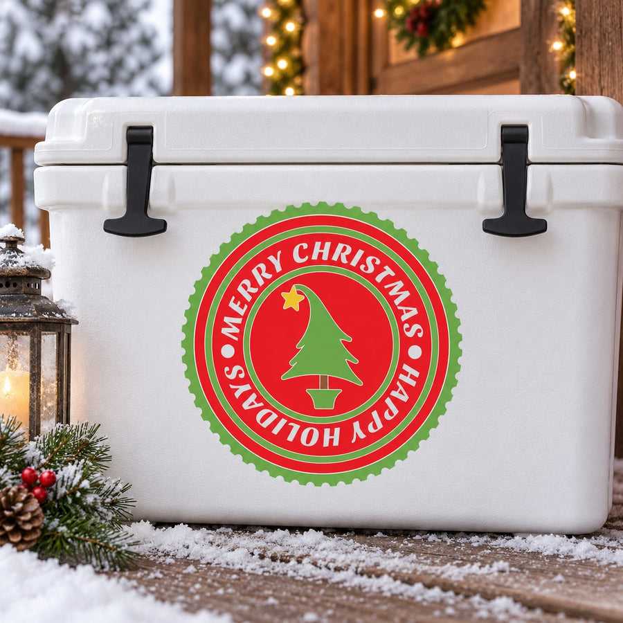 Round Merry Christmas tree sticker with red and green border on white cooler