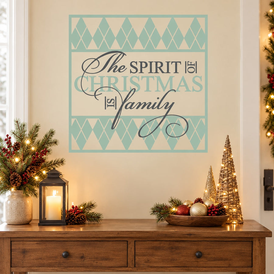 Christmas quote wall decal with teal geometric frame and script text "The Spirit of Christmas" & family