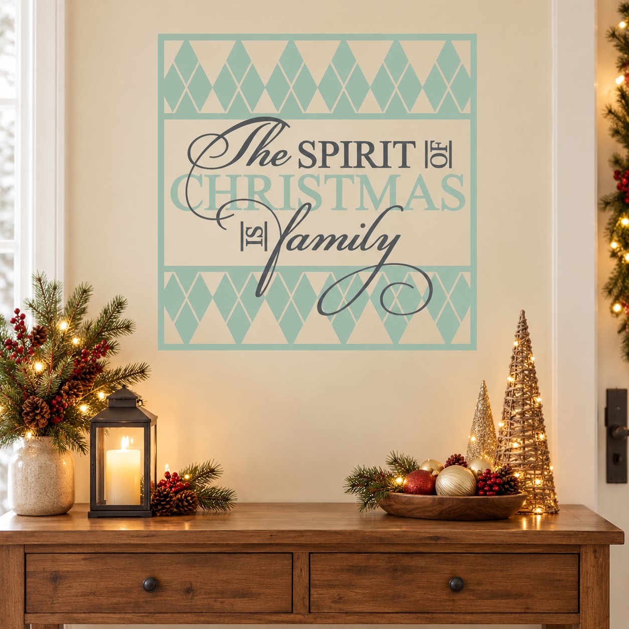 Christmas quote wall decal with teal geometric frame and script text "The Spirit of Christmas" & family