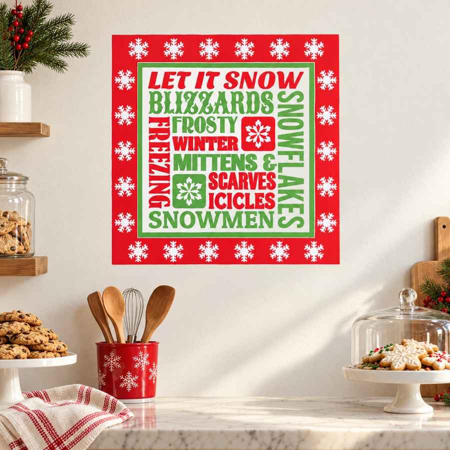 Red and white snowflake typography printed decal with winter word collage and flower