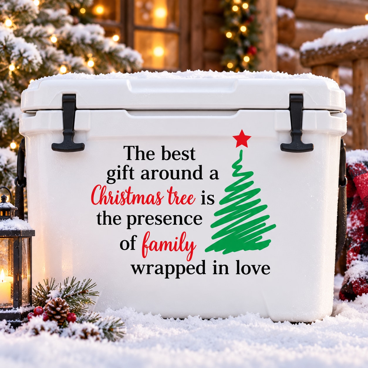 Christmas tree quote decal on white panel, green tree with red star and black lettering
