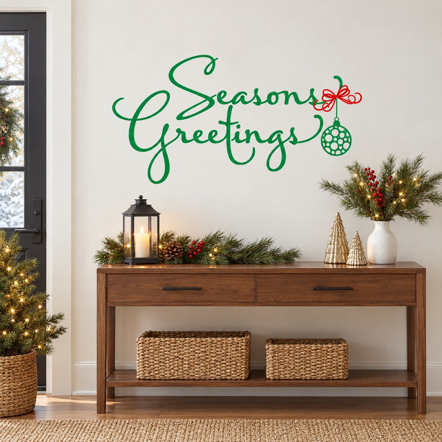 Green Seasons Greetings wall decal with ornament bauble design
