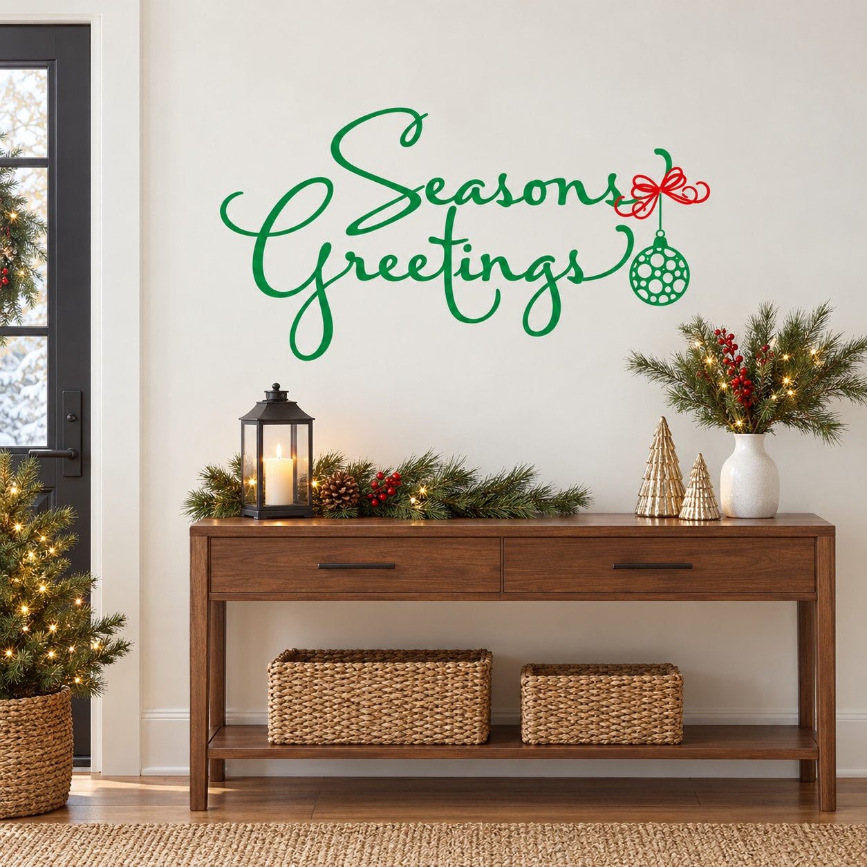 Green Seasons Greetings wall decal with ornament bauble design