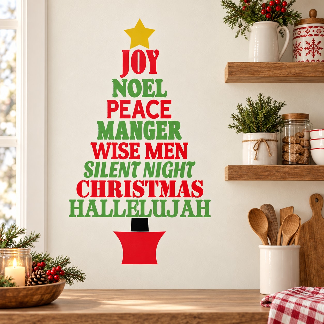 Multicolor Christmas typography wall decal with word list and star above