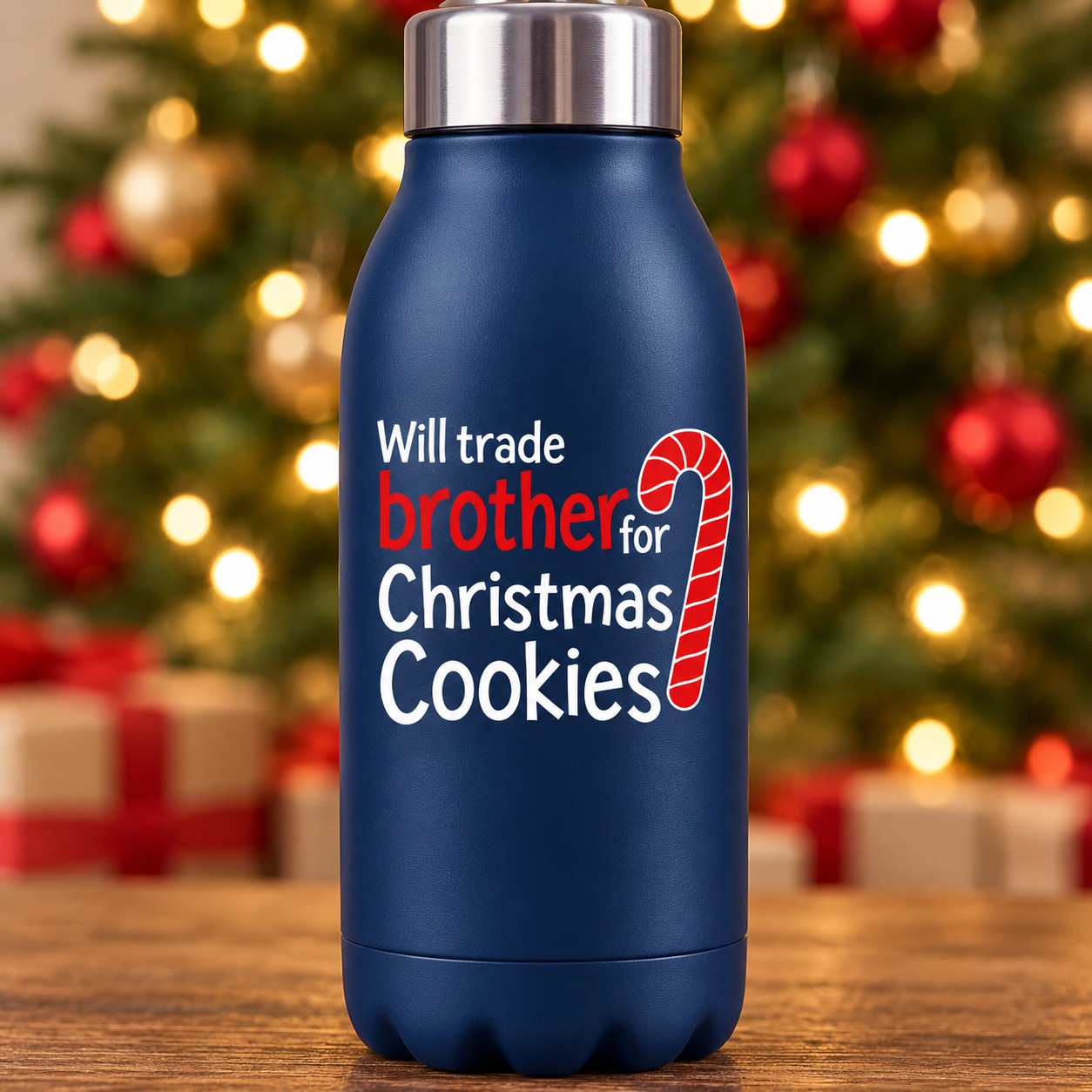 Dark blue tumbler with 'Will trade brother for Christmas Cookies' red white decal