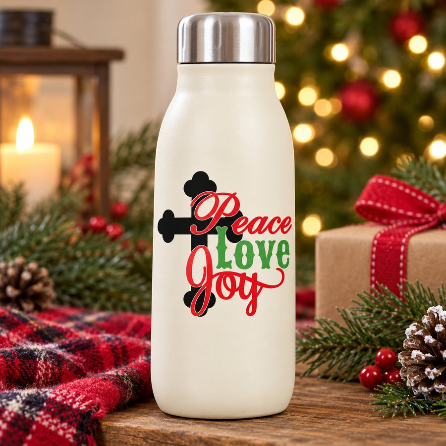 Peace Love Joy vinyl decal with black four-leaf clover and red script lettering