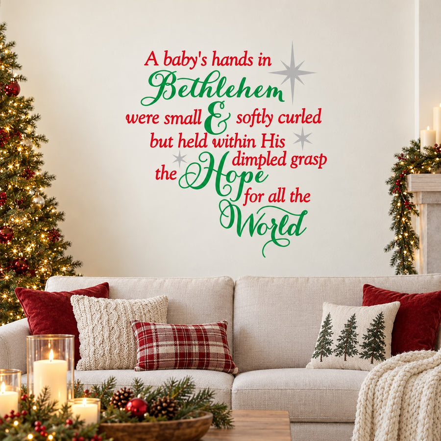 Bethlehem hands decorative wall decal with red and green script lettering