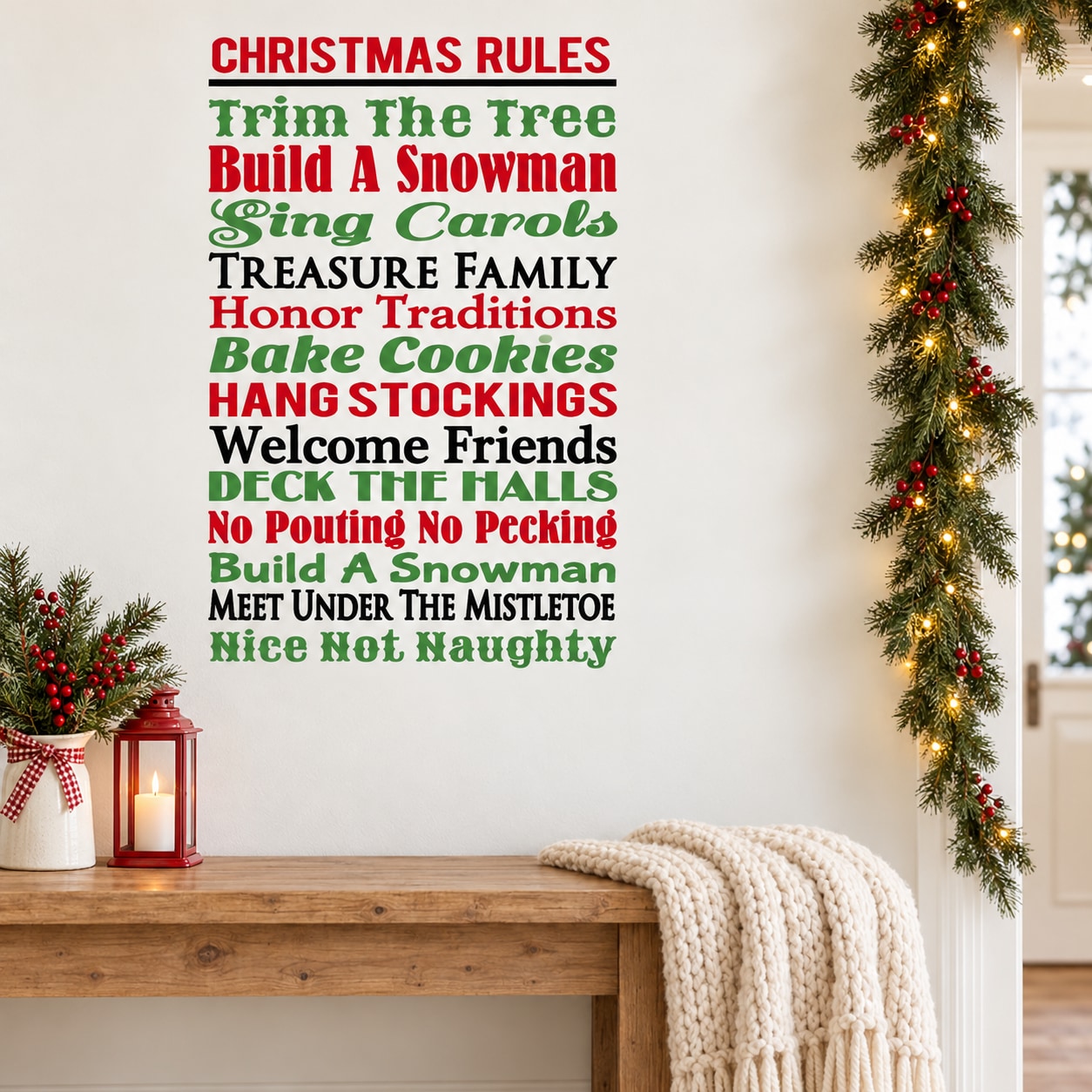 Christmas rules wall decal with holiday text in red and green on white background