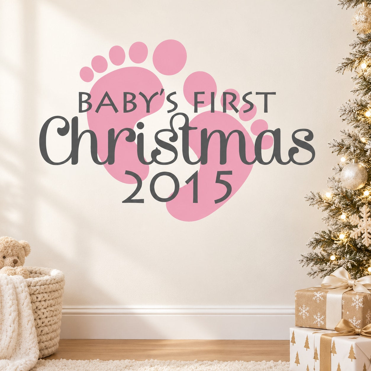 Baby’s first Christmas 2015 wall decal with pink paw prints and lettering