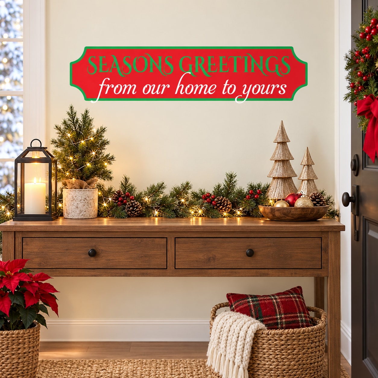 Holiday greeting sticker with ribbon banner text 'SEASONS GREETINGS from our home to yours'