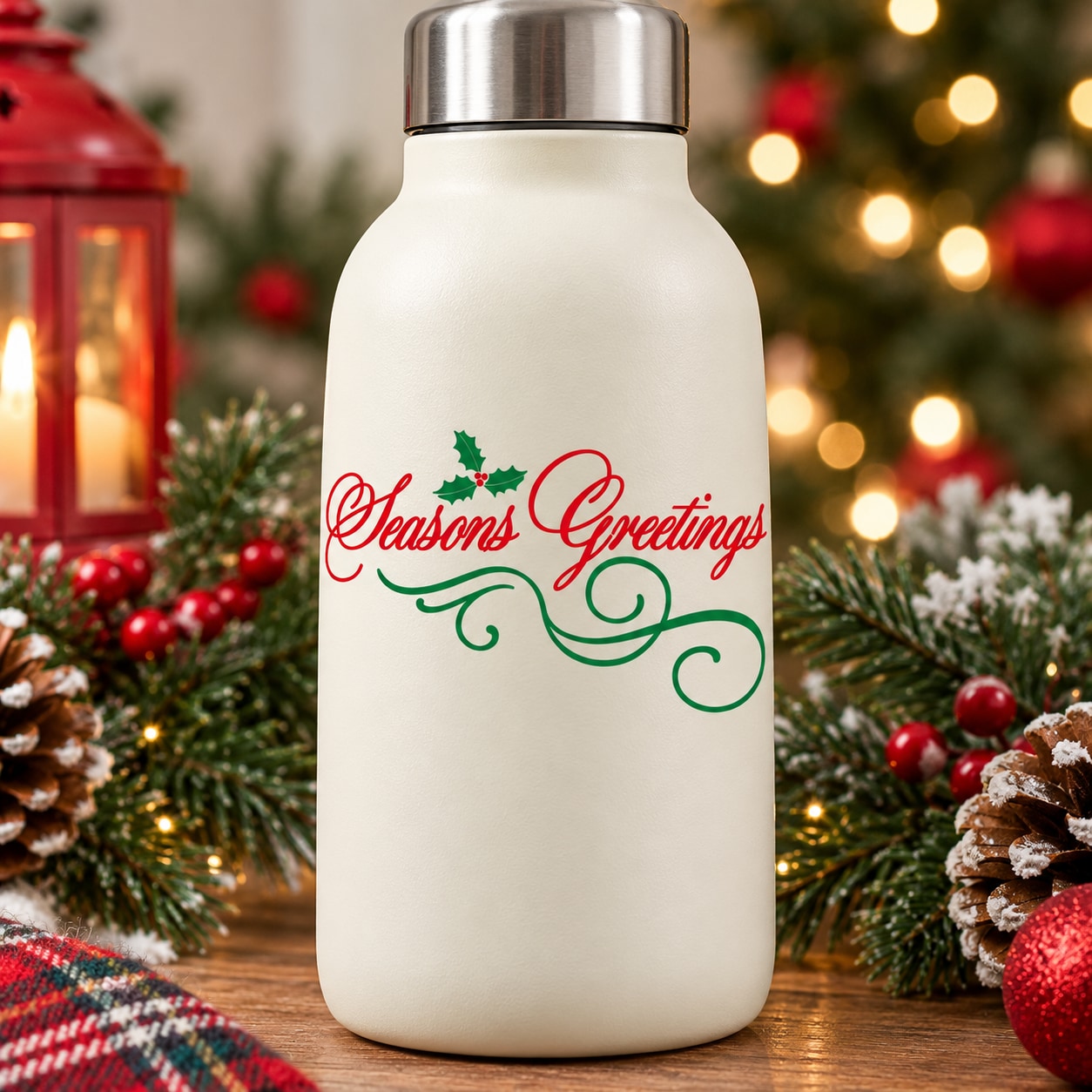 White water bottle with silver cap and Seasons Greetings holly decal