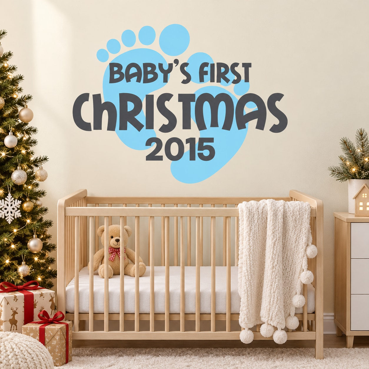 Christmas wall decal with blue heart and text "Baby's First Christmas 2015"