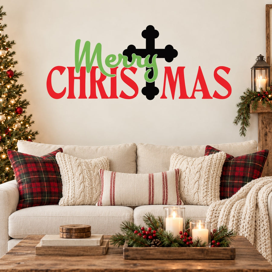 Christmas decal with red and green Merry Christmas lettering and black cross icons