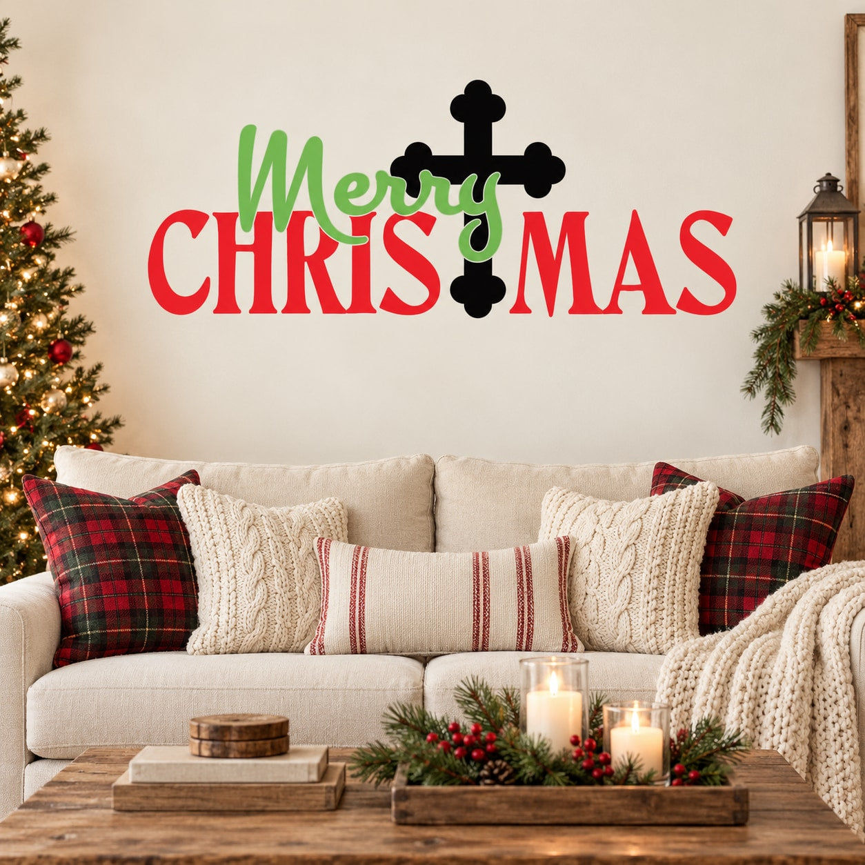 Christmas decal with red and green Merry Christmas lettering and black cross icons