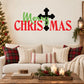 Christmas decal with red and green Merry Christmas lettering and black cross icons