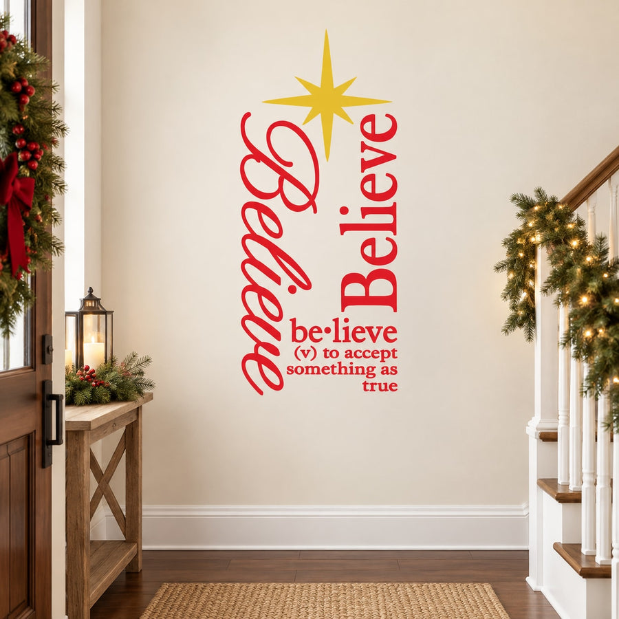 Wall decal with yellow star and red believe quote text