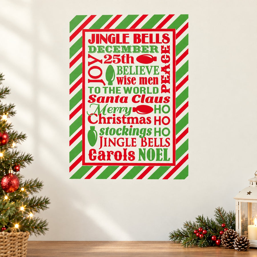 Christmas typography decal with multicolor jingle bells phrases on green striped frame