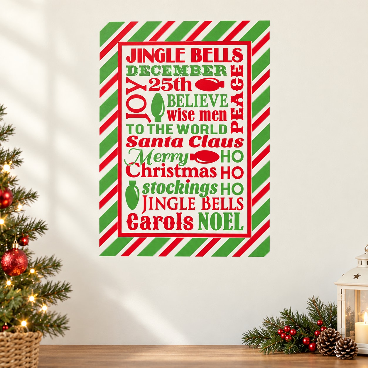 Christmas typography decal with multicolor jingle bells phrases on green striped frame