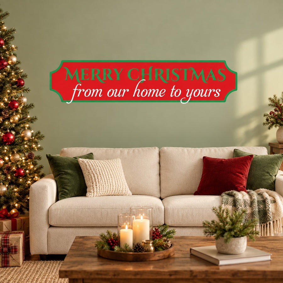 Christmas greeting sticker: red Merry Christmas lettering on green banner