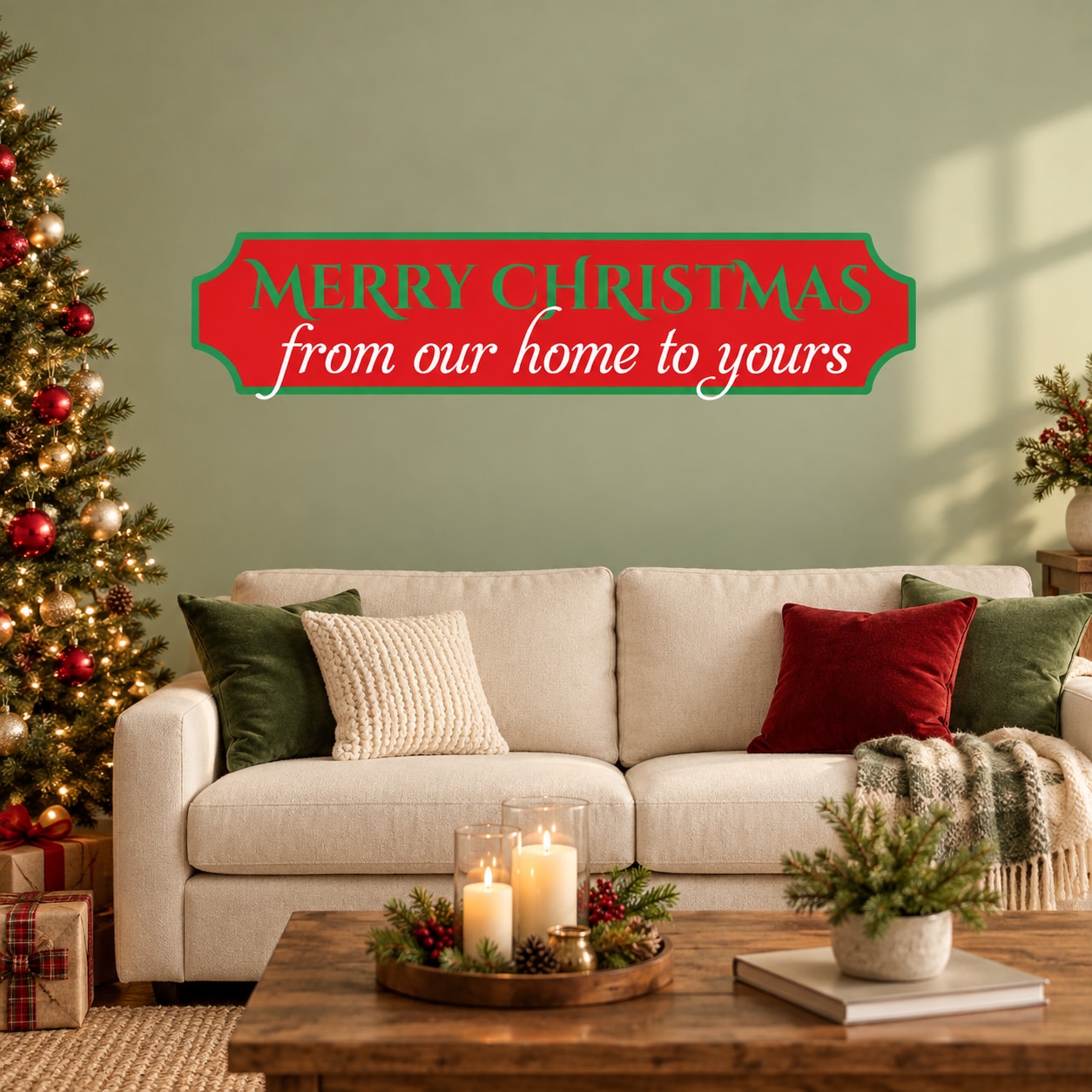 Christmas greeting sticker: red Merry Christmas lettering on green banner