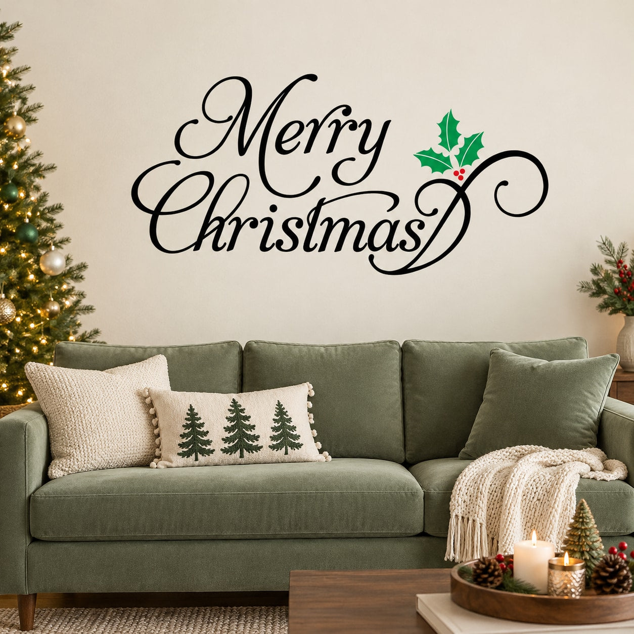 Christmas wall decal with holly leaf and berry accents