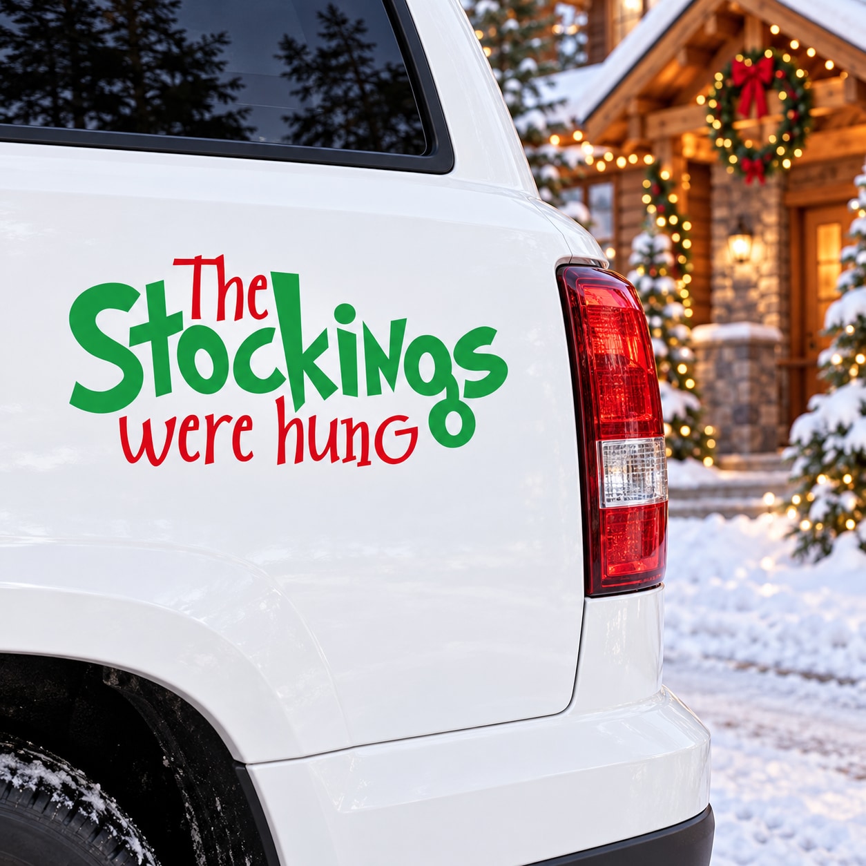 Holiday quote decal: 'The Stockings Were Hung' on car body