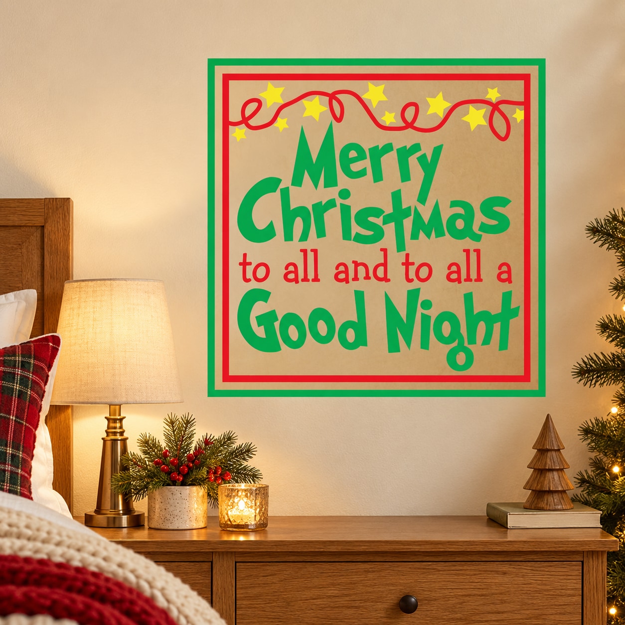 Square green Christmas decal with red border and multicolor 'Good Night' text