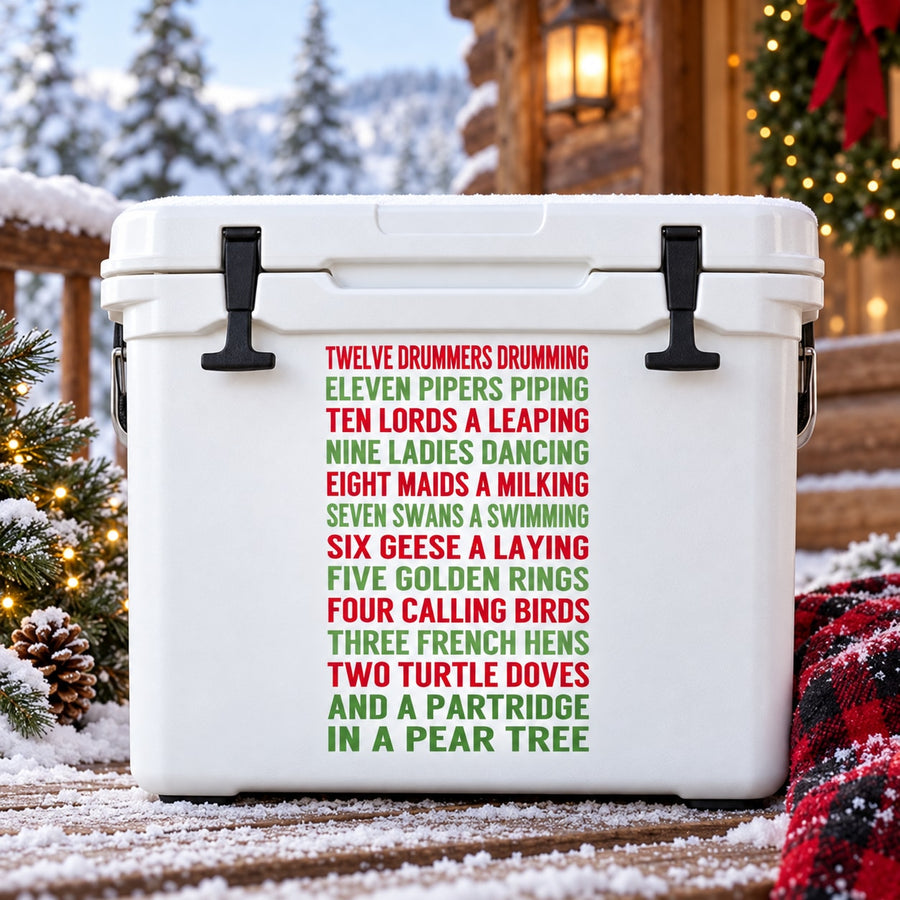 Holiday quote decal with colorful “Twelve Drummers Drumming” lyrics on white