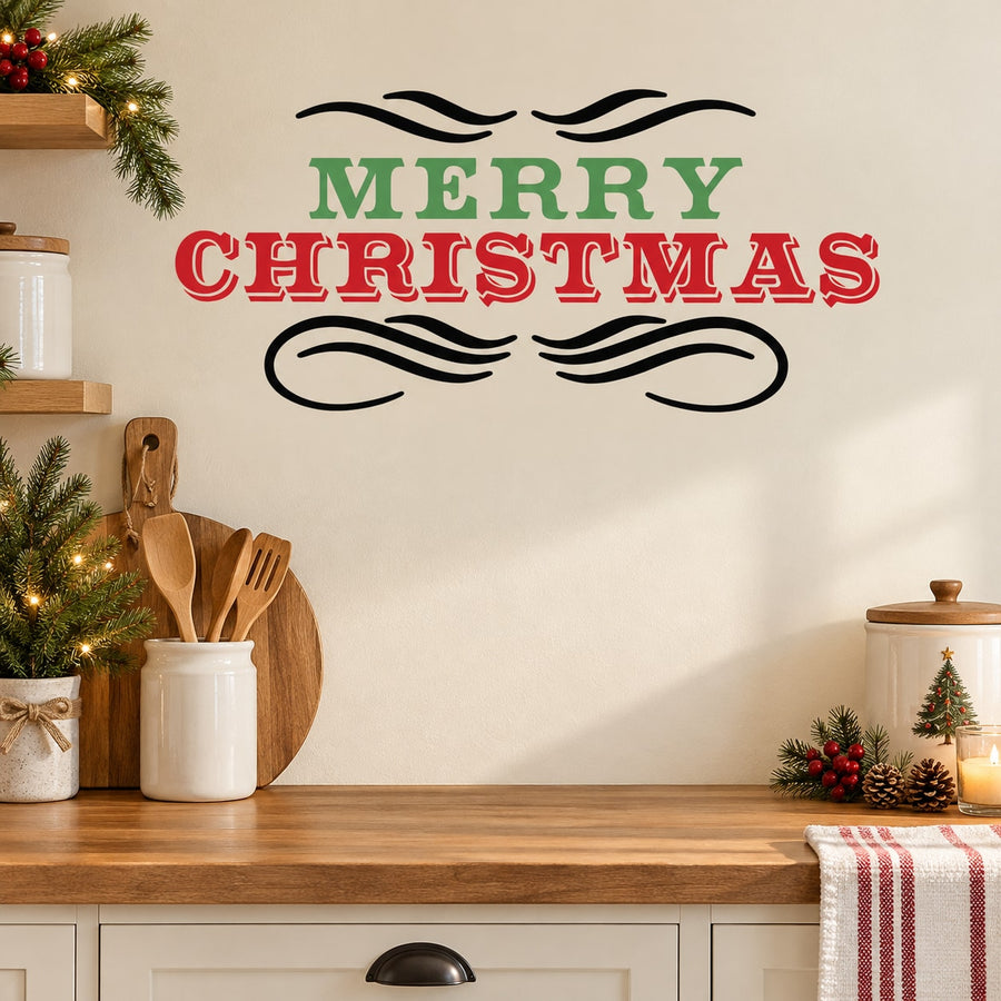 Decorative Merry Christmas printed wall decal with green and red lettering