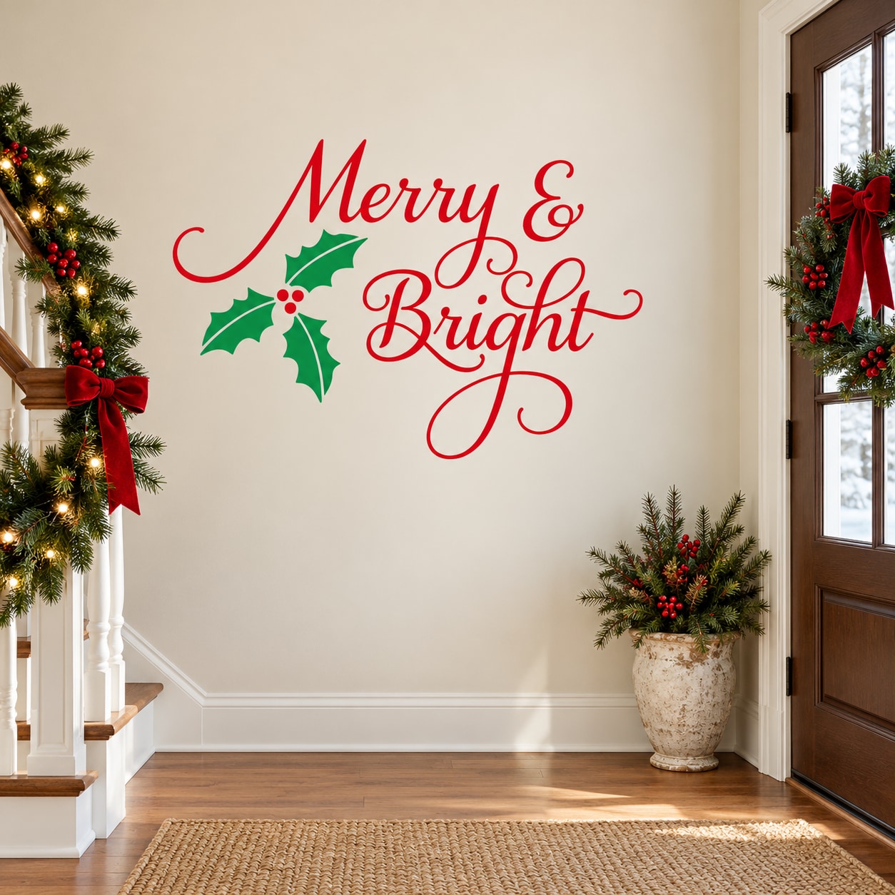 Holiday wall decal with “Merry & Bright” script and green holly leaves with red berries