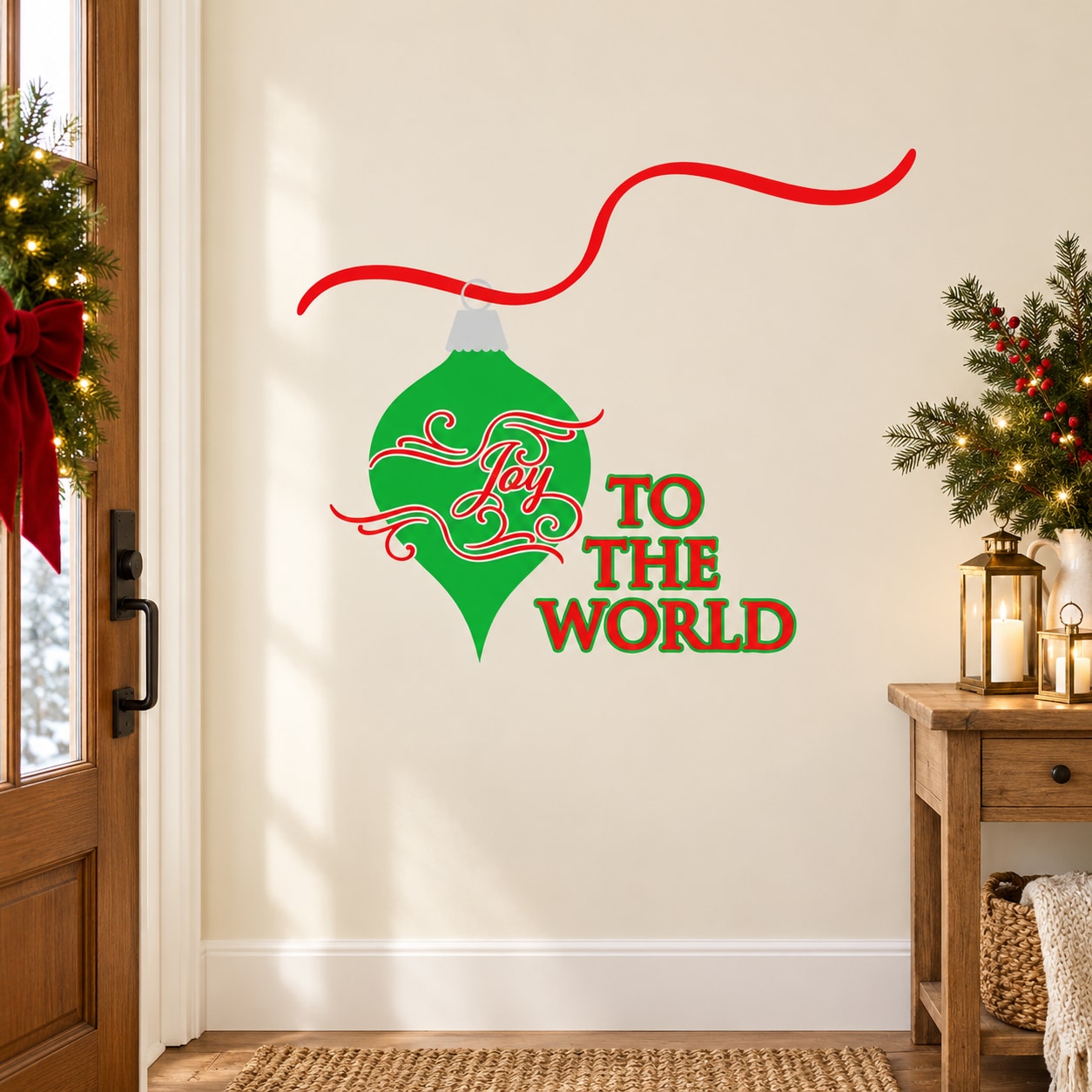 Christmas ornament wall decal with "Joy to the World" text